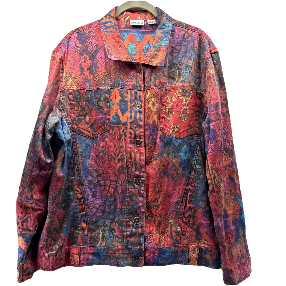 Chicos Women's Jacket Size Large Linen Blend Colorful Artsy Button Up Rainbow